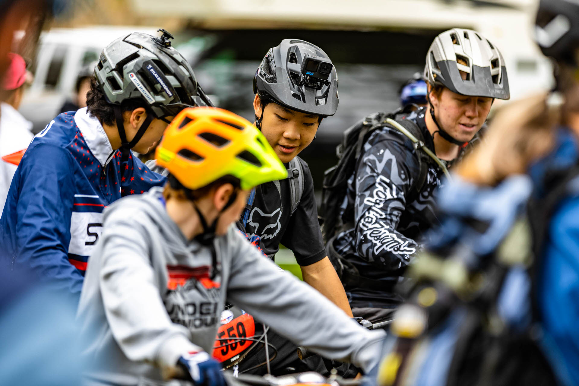 Student athletes looking at each other at a mountain bike race